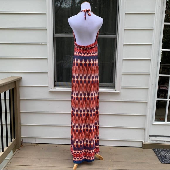 Vix Paula Hermanny Ikat print Peach Pink Cream Blue Jersey Halter Maxi Dress L - Picture 8 of 16
